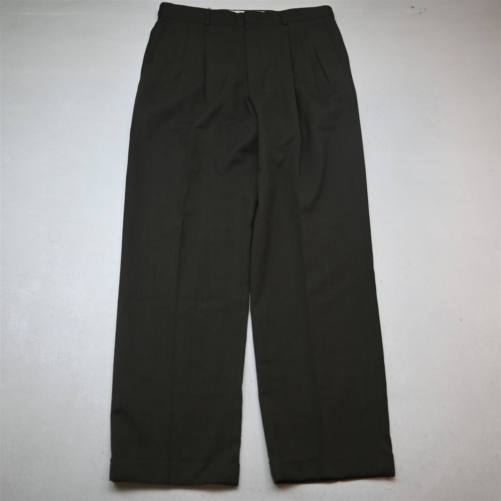 Vtg Y2K 2000s 36x34 Green Wool Original Fit Pleated Cuffed Baggy Mens Pants